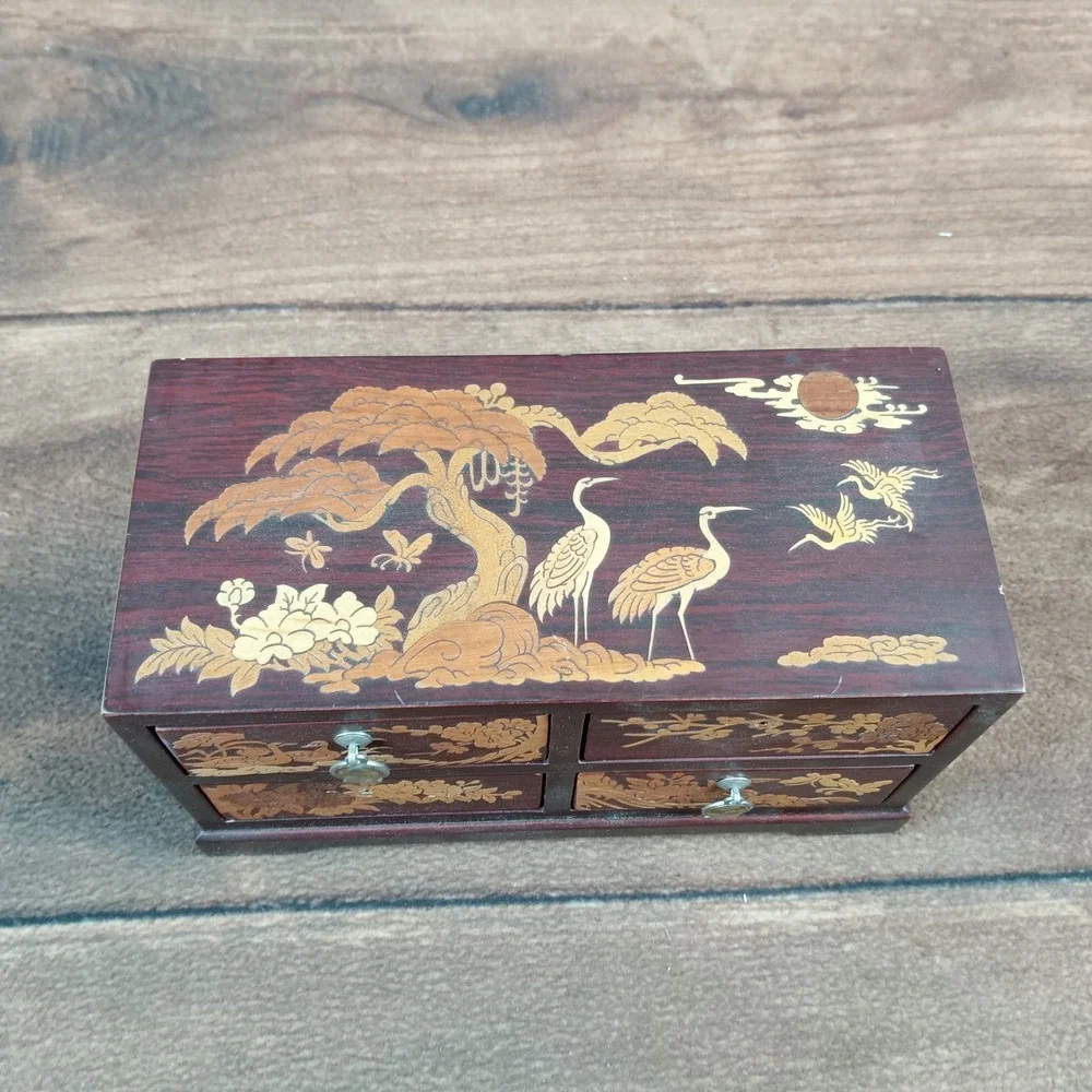 VTG MCM Asian Cherry Wood Carved Birds Abalone Shell Jewelry Box